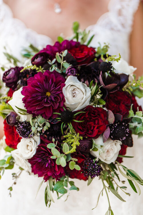 deep red and white bridal bouquet