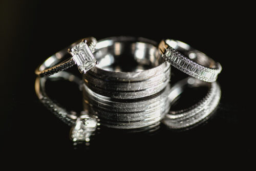 diamond wedding ring and band macro detail