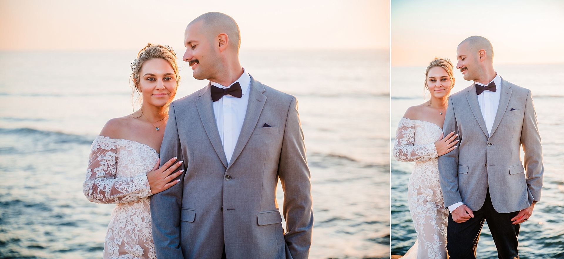 Grooms smiles over at bride at San Diego beach wedding