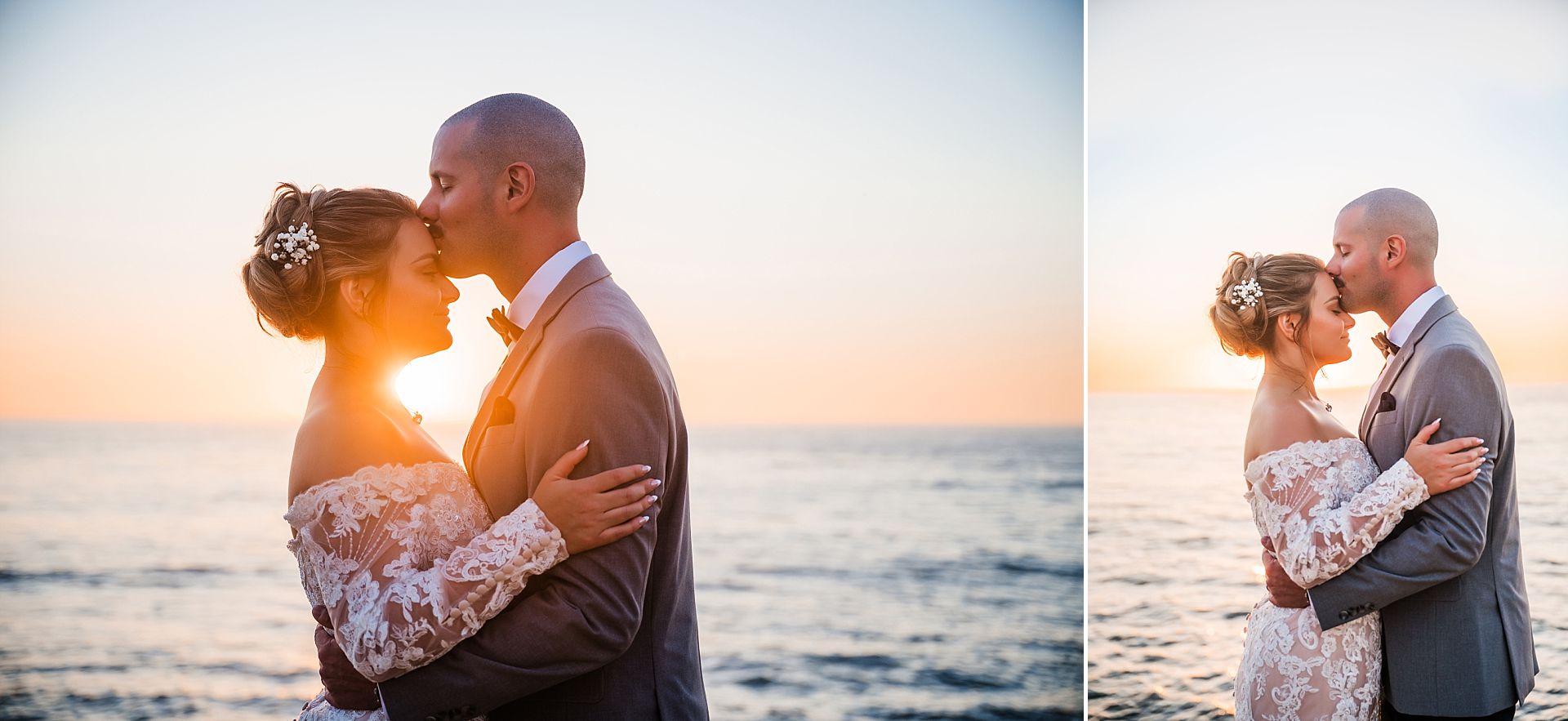 Groom kissing bride on the forehead with the Pacific Ocean in the background at their Sunset Cliffs Wedding in San Diego