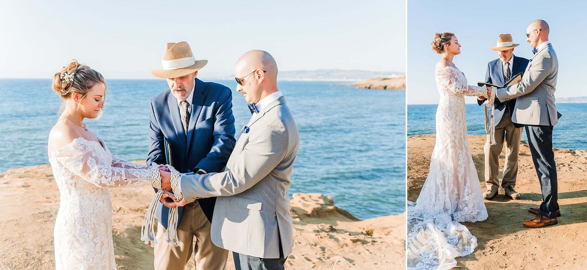 Couple engaged in handfasting ceremony at Sunset Cliffs beach wedding in San Diego