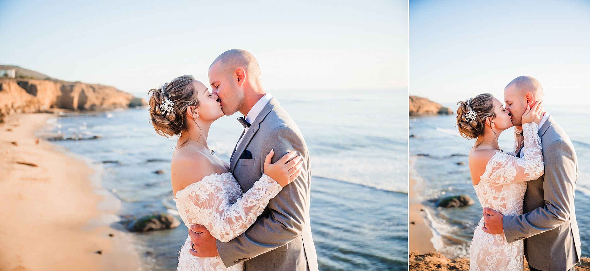 A couple in wedding attire share a kiss at an intimate Sunset Cliffs San Diego wedding